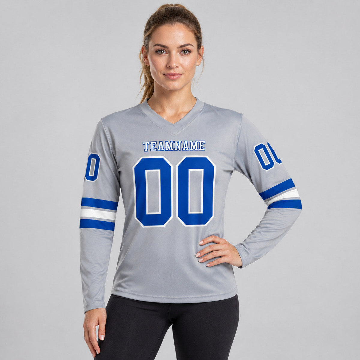 Custom Gray Long Sleeve Authentic Football Jersey with Royal and White Lettering worn by female model