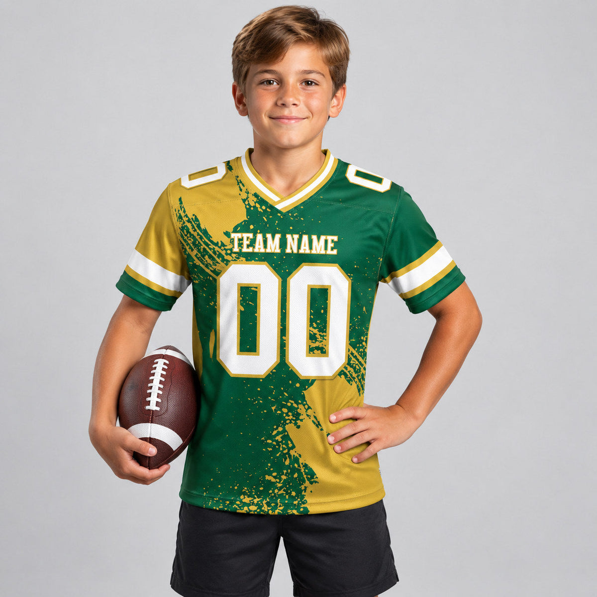 Custom Green Abstract Brush Stroke Authentic Football Jersey with White and Old Gold Lettering youth size worn by child model