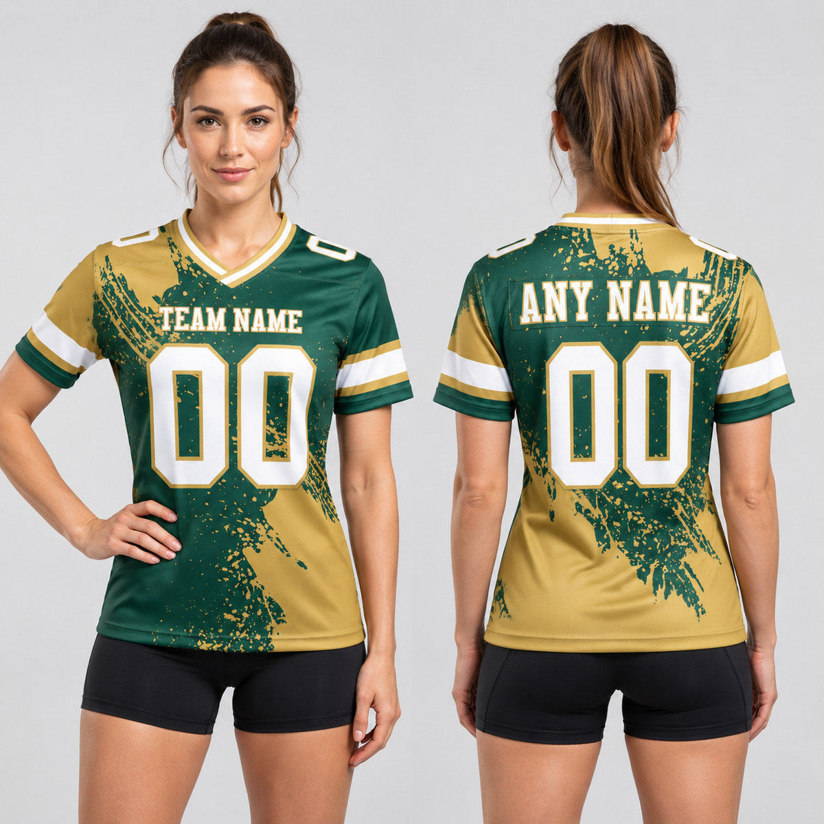 Custom Green Abstract Brush Stroke Authentic Football Jersey with White and Old Gold Lettering worn by female model