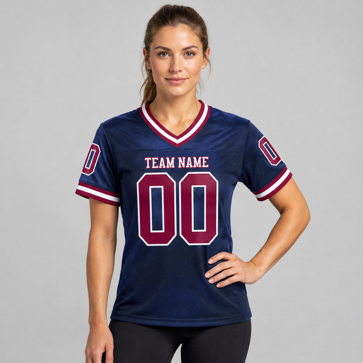 Custom Navy Mesh Authentic Football Jersey with Maroon and White Lettering worn by female model