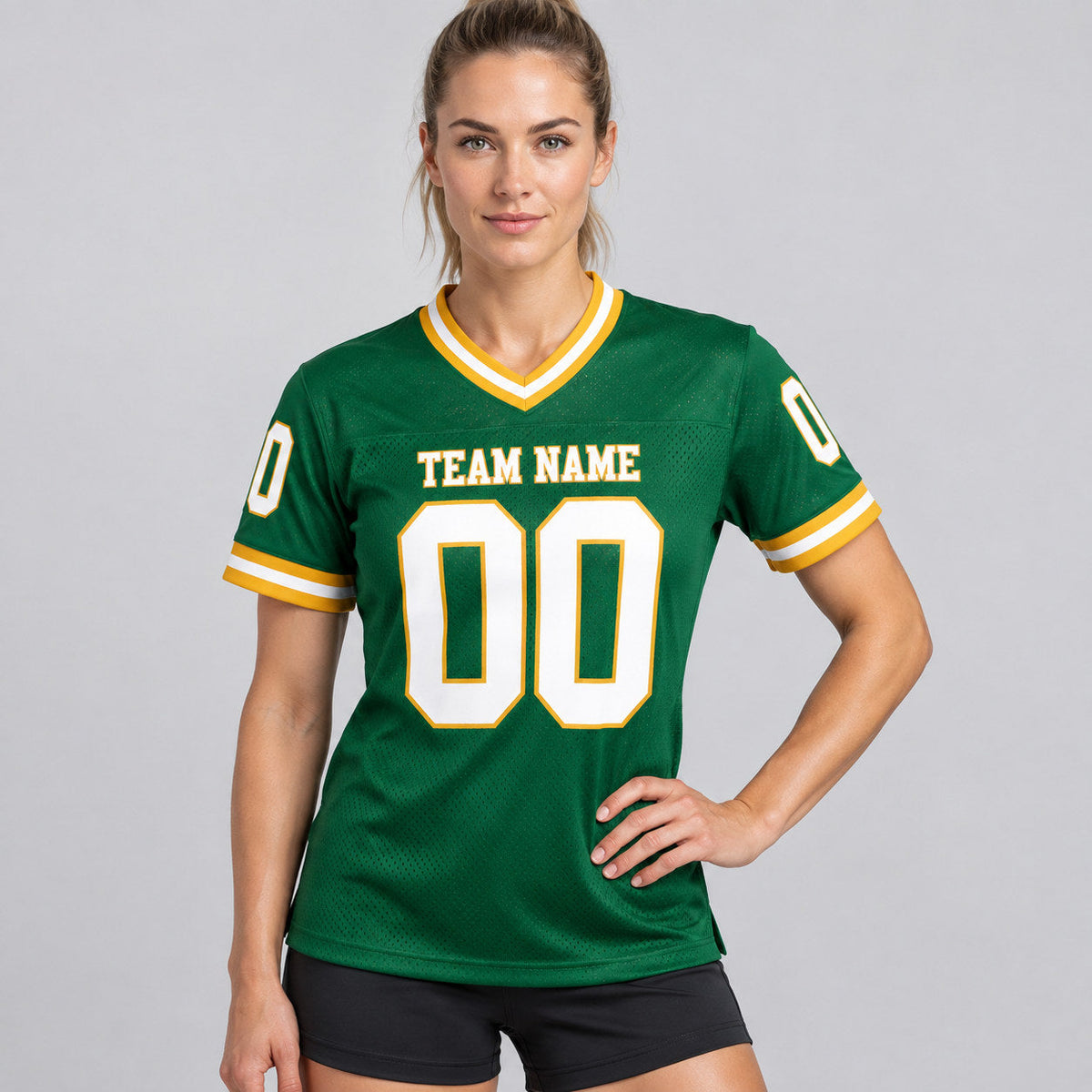 Custom Kelly Green Mesh Authentic Football Jersey with White and Old Gold Lettering worn by female model