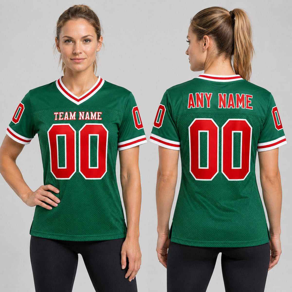 Custom Kelly Green Mesh Authentic Football Jersey with Red and White Lettering Design 0626 worn by female model