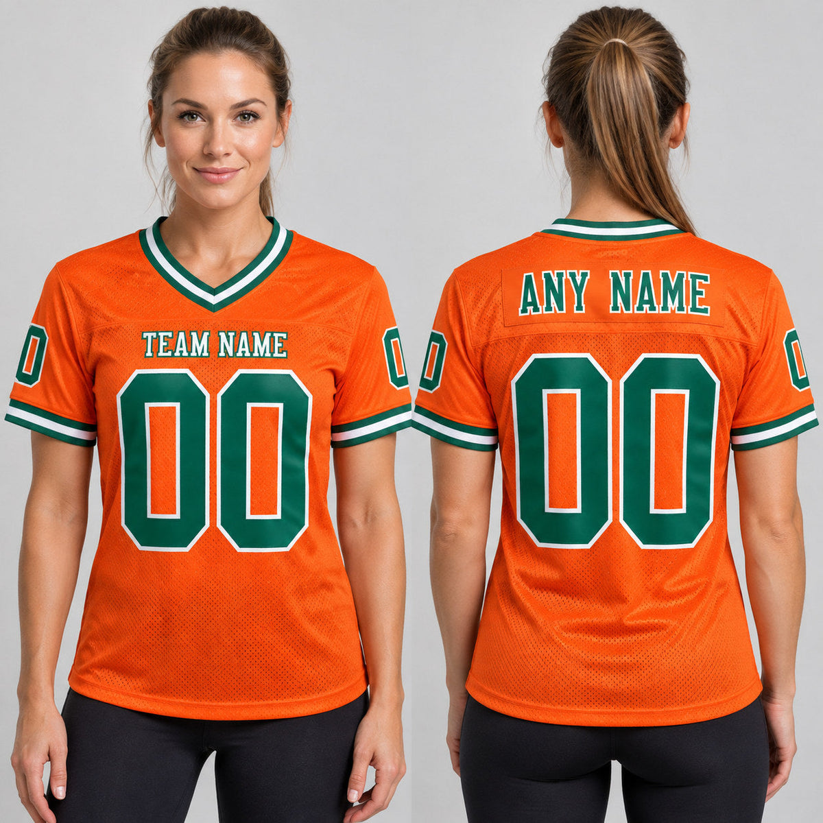 Custom Orange Mesh Authentic Football Jersey with Kelly Green and White Lettering Design 0487 worn by female model