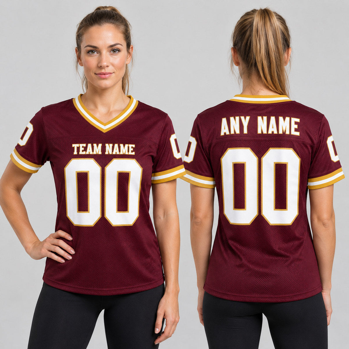 Custom Burgundy Mesh Authentic Football Jersey with White and Old Gold Lettering Design 0143 worn by female model