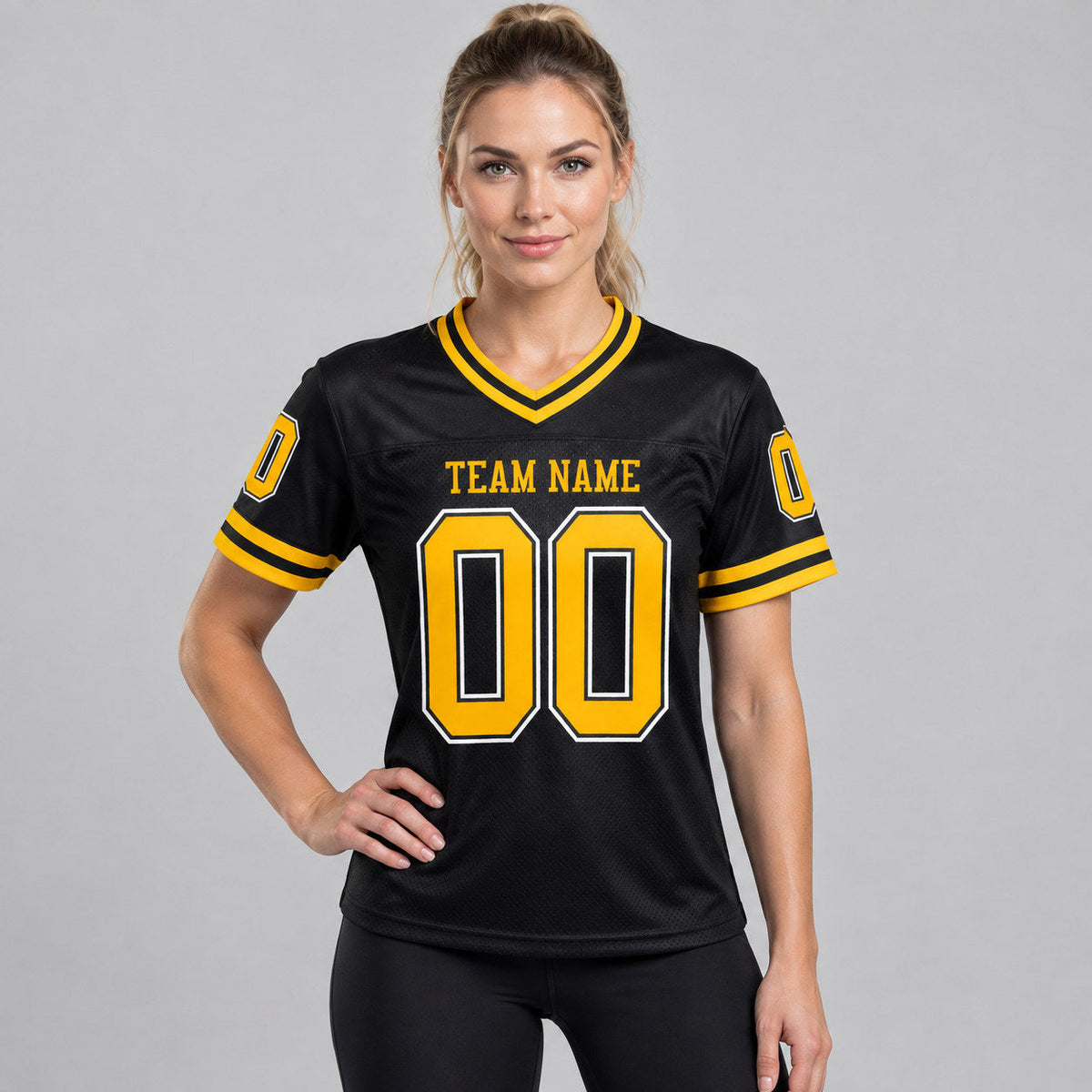 Custom Black Mesh Authentic Football Jersey with Gold and White Lettering Design 2260 worn by female model