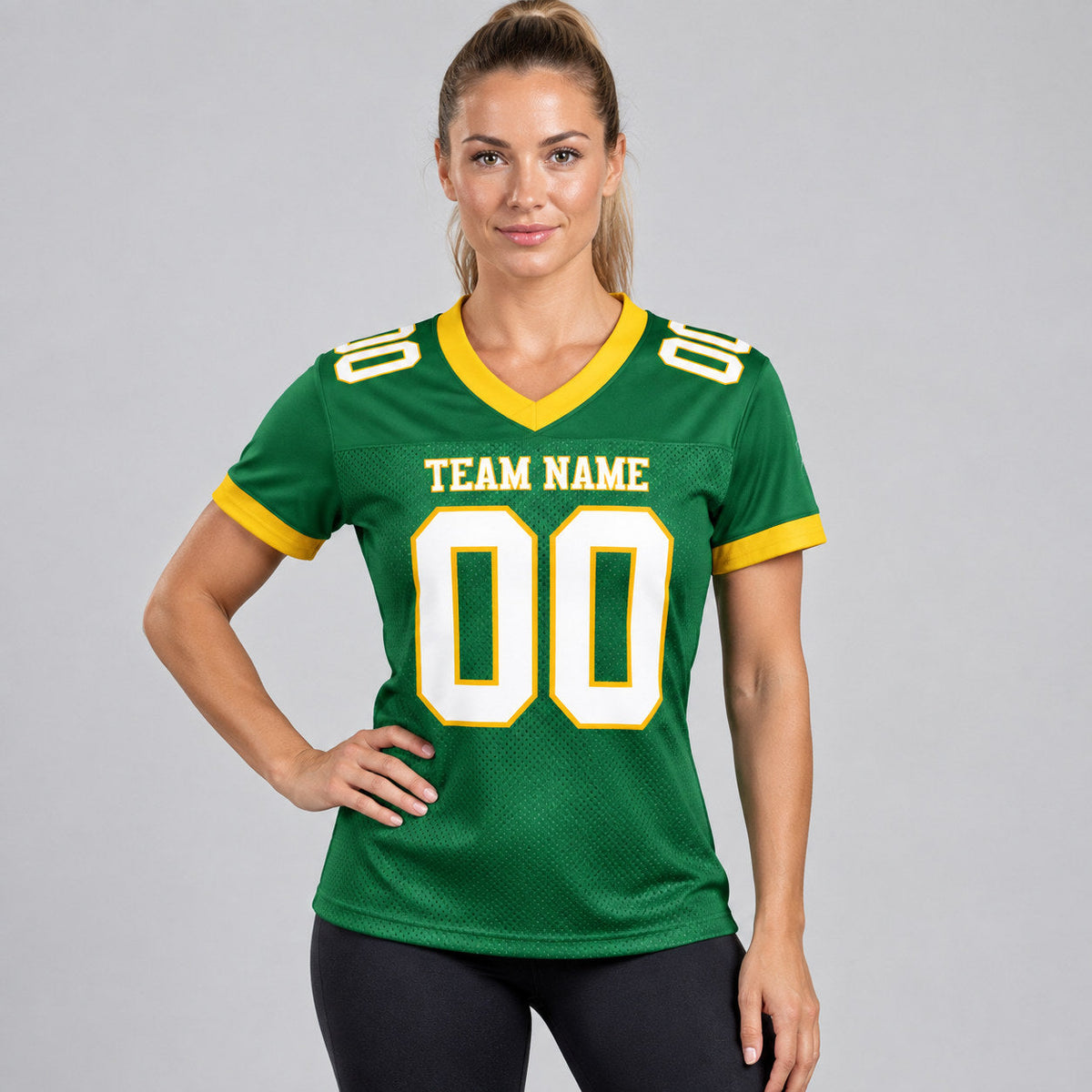 Custom Grass Green Mesh Authentic Football Jersey with White and Gold Lettering Design 0004 worn by female model