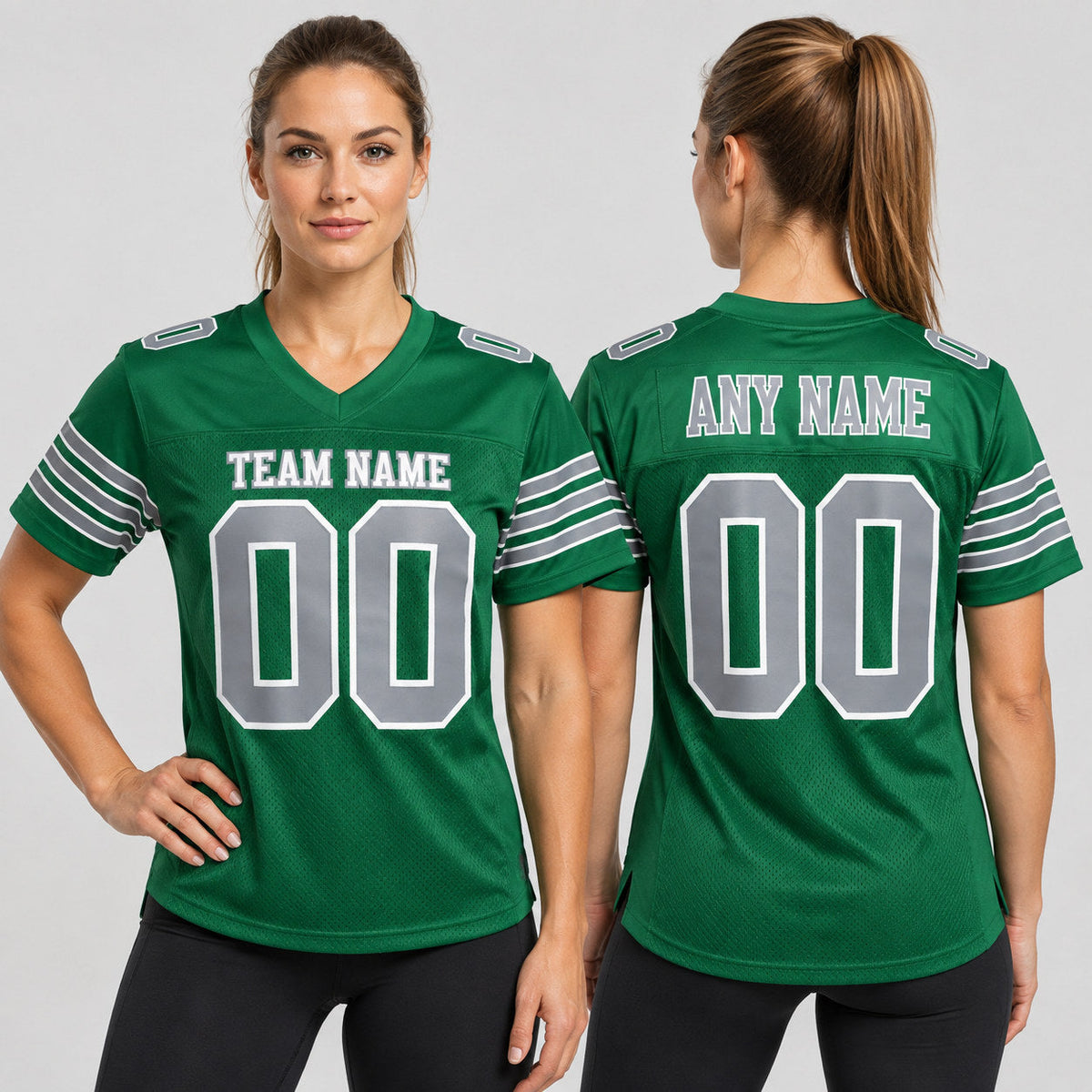 Custom Kelly Green Mesh Authentic Football Jersey with Steel Gray and White Lettering worn by female model