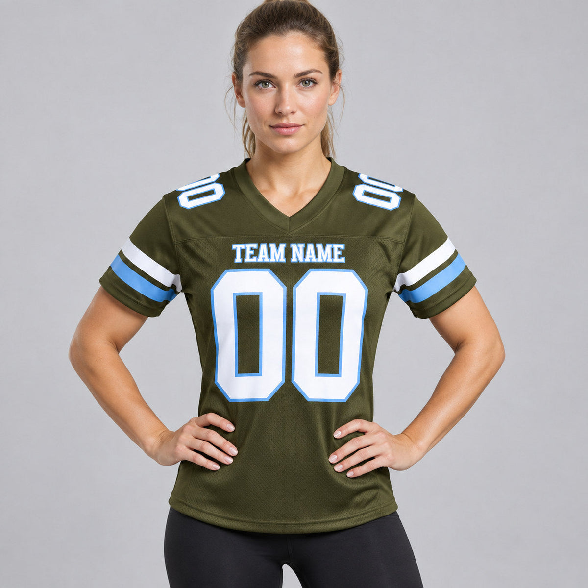 Custom Olive Salute To Service Mesh Authentic Football Jersey with White and Light Blue Lettering worn by female model