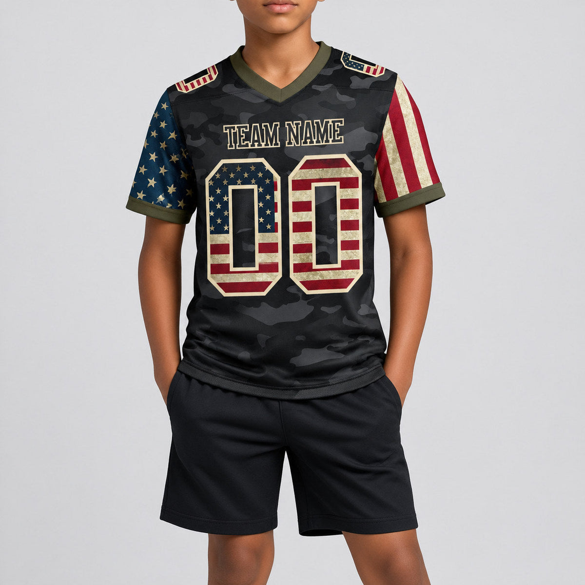 Custom Cream Camo Vintage USA 7v7 Flag Football Jersey with Black and Olive Lettering youth size worn by child model