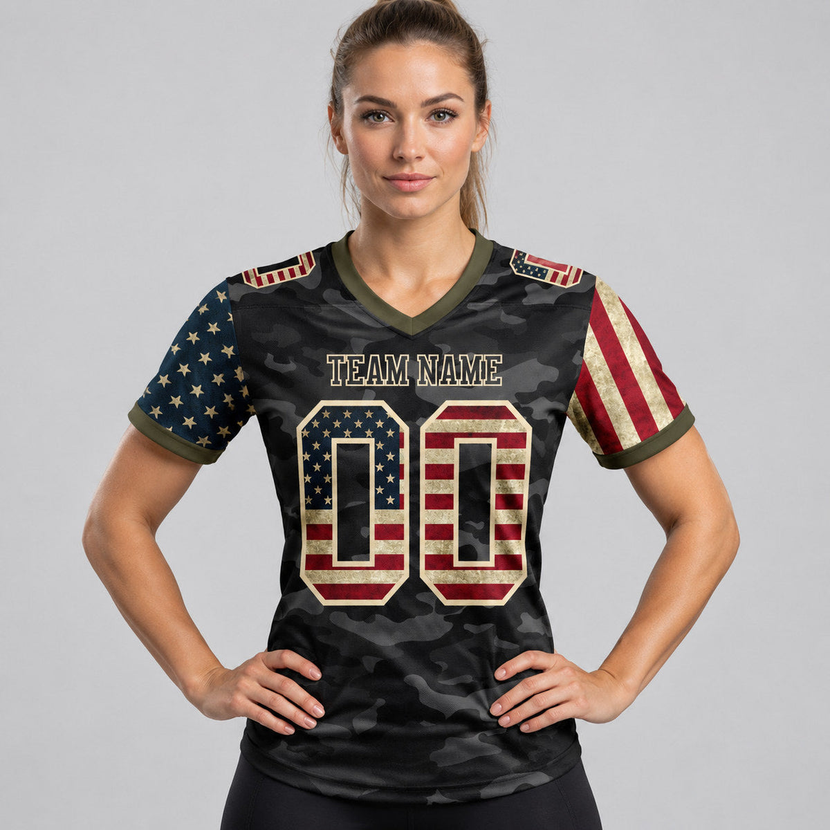 Custom Cream Camo Vintage USA 7v7 Flag Football Jersey with Black and Olive Lettering worn by female model