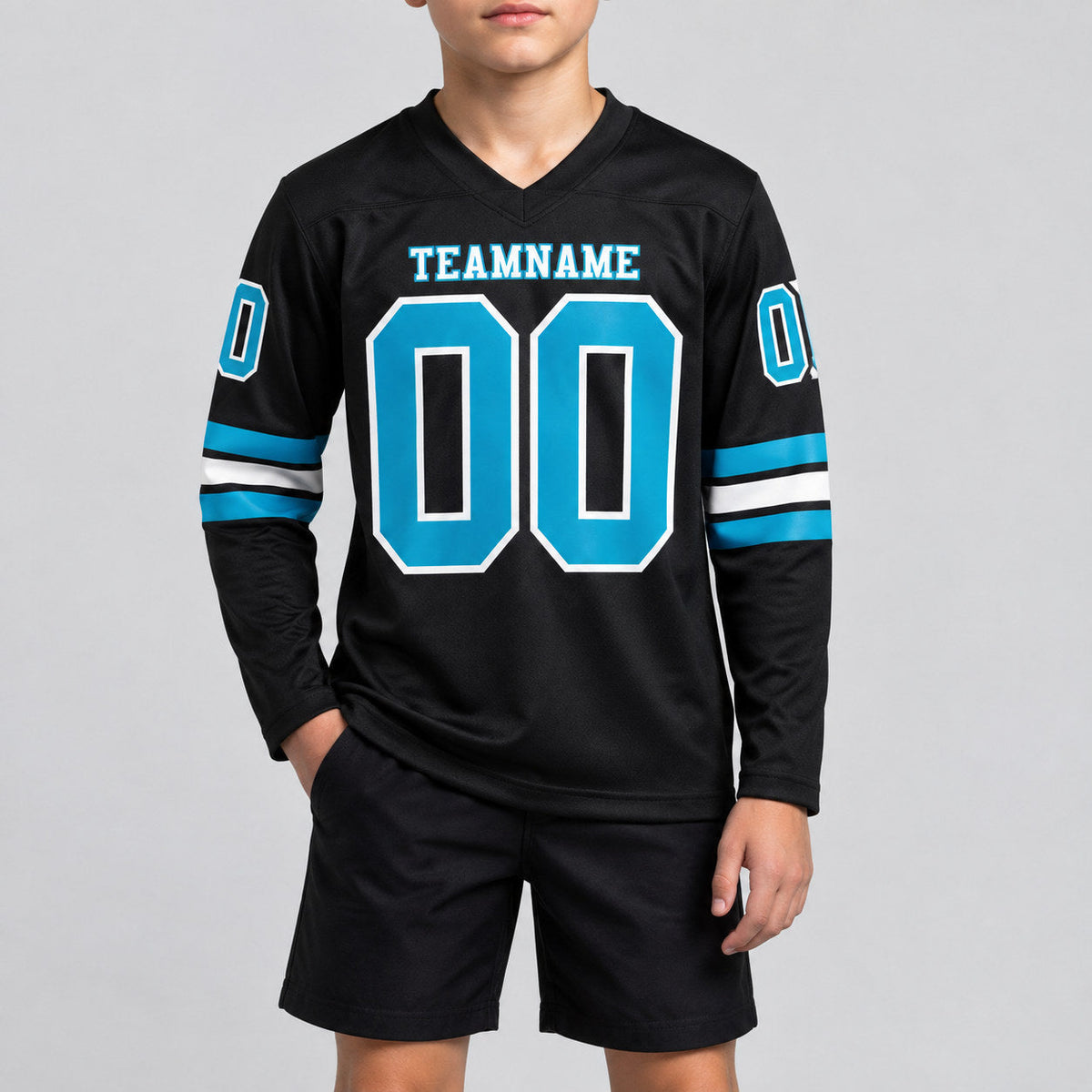 Custom Black Long Sleeve Authentic Football Jersey with Panther Blue and White Lettering youth size worn by child model