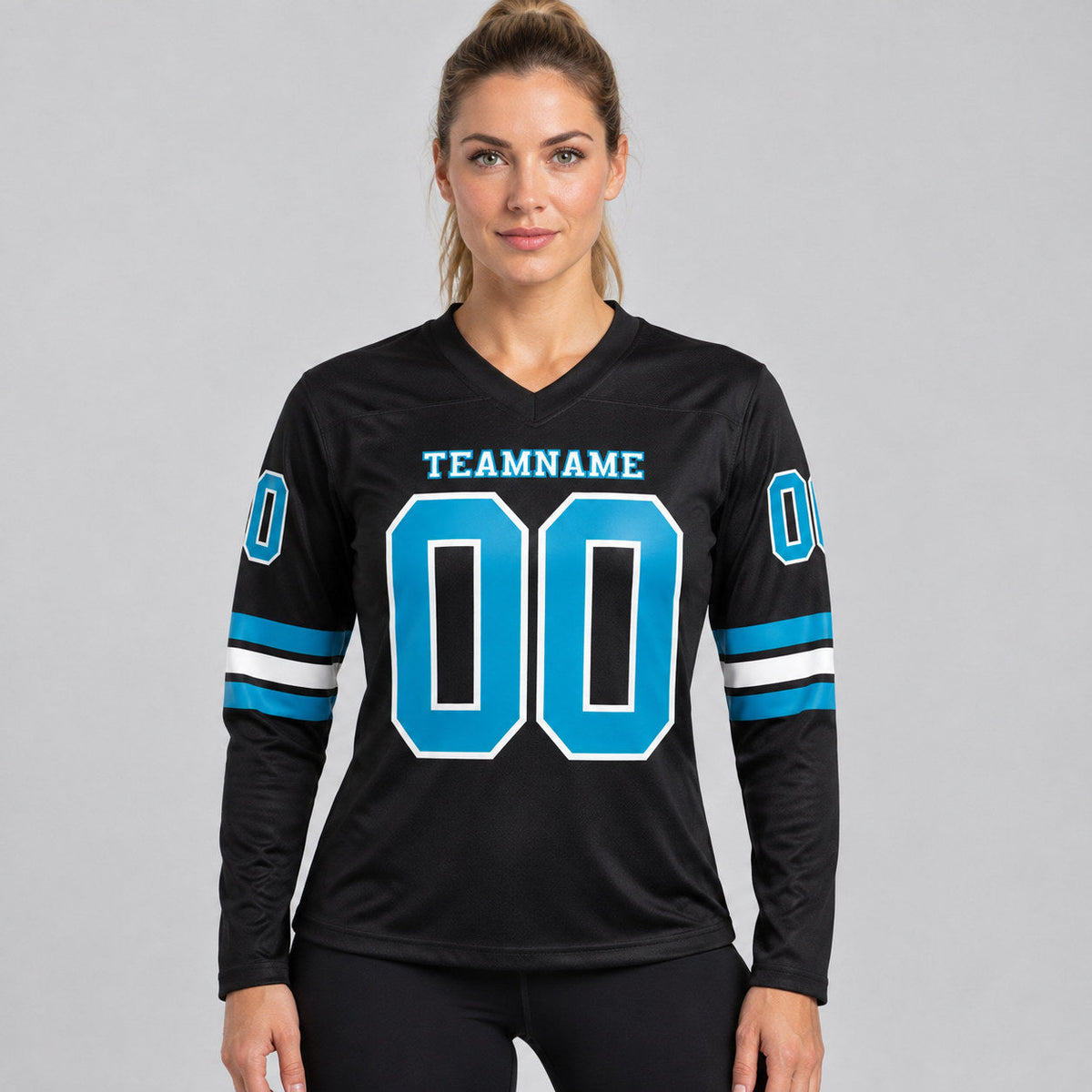 Custom Black Long Sleeve Authentic Football Jersey with Panther Blue and White Lettering worn by female model