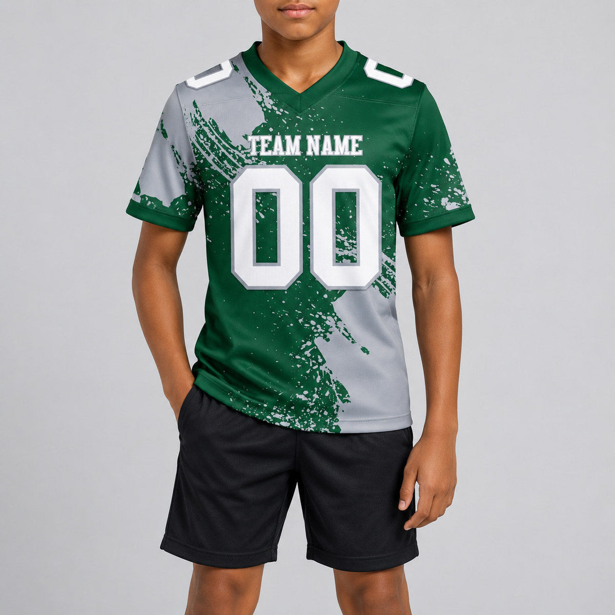 Custom Green Abstract Brush Stroke Authentic Football Jersey with White and Gray Lettering youth size worn by child model