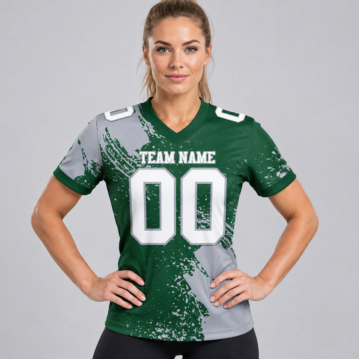 Custom Green Abstract Brush Stroke Authentic Football Jersey with White and Gray Lettering worn by female model