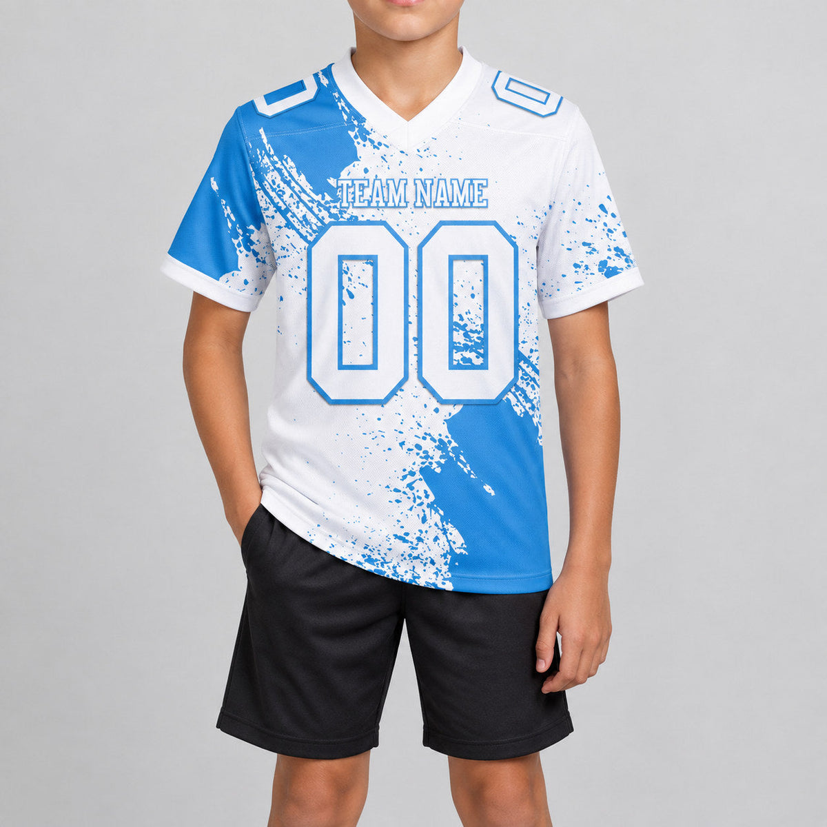 Custom White Abstract Brush Stroke Authentic Football Jersey with Powder Blue Lettering youth size worn by child model