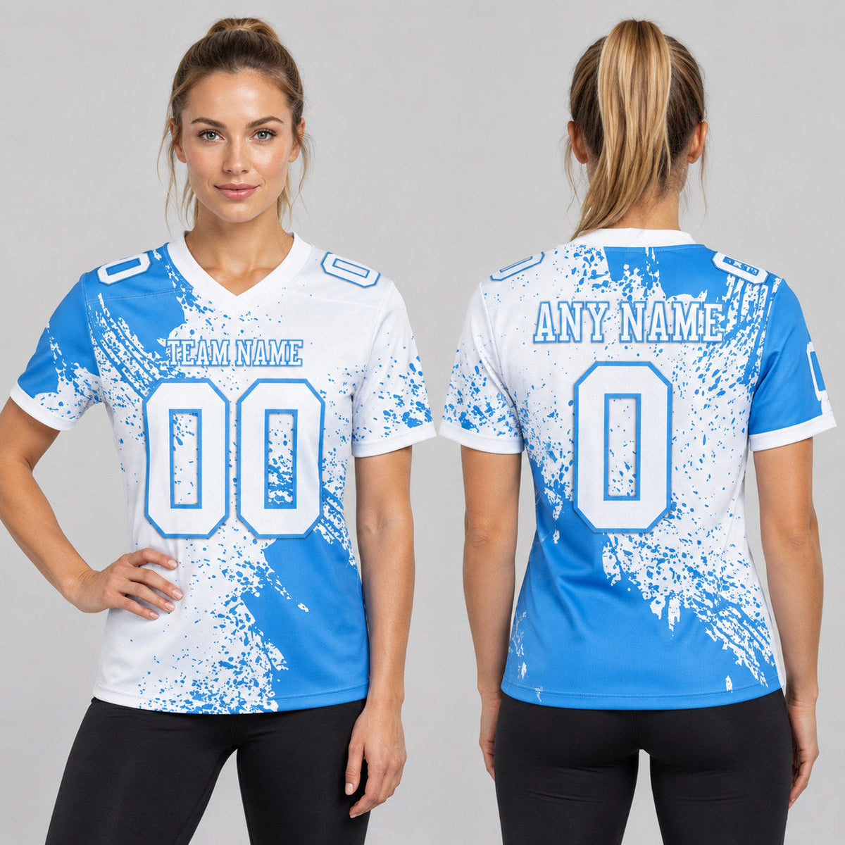Custom White Abstract Brush Stroke Authentic Football Jersey with Powder Blue Lettering worn by female model