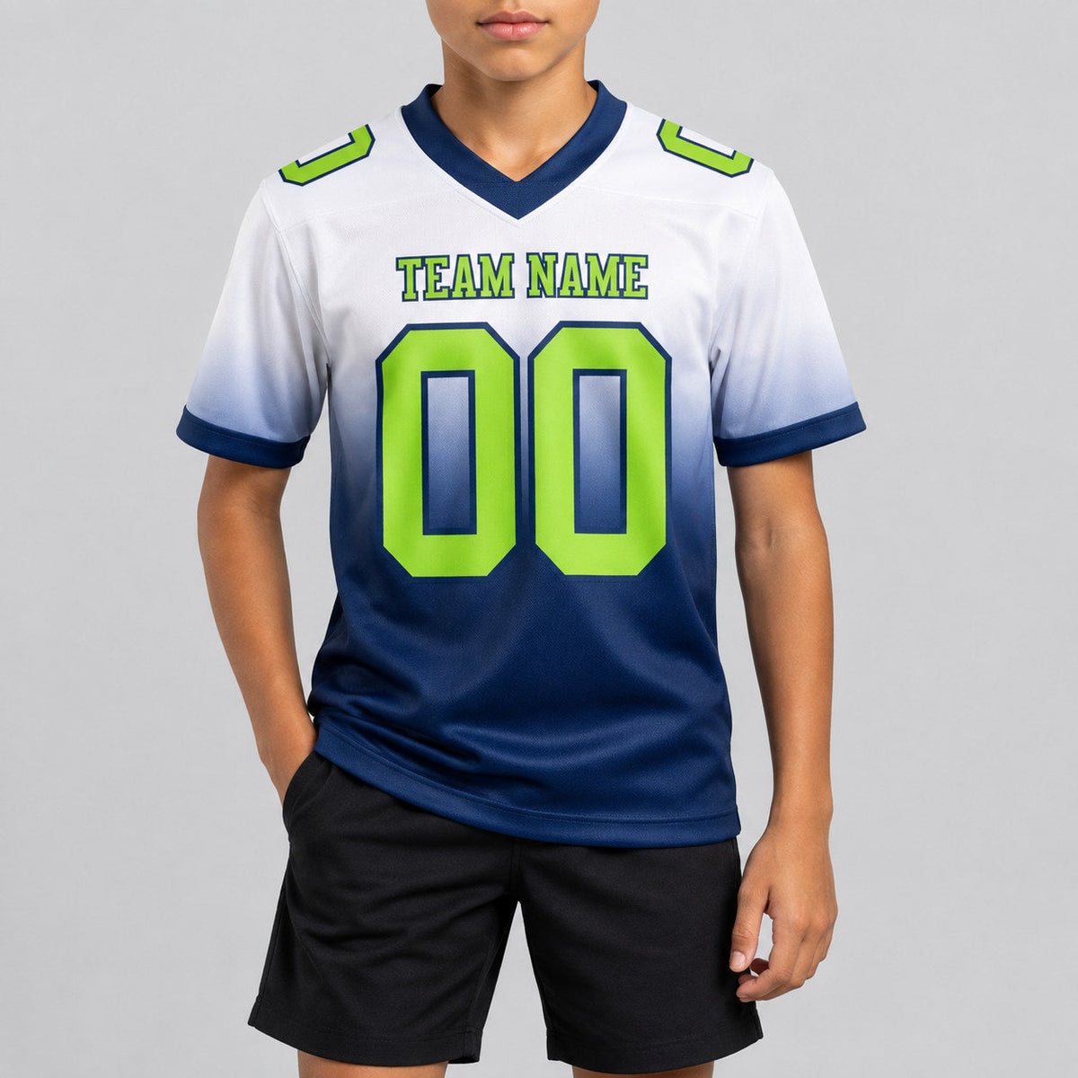 Custom White Fade Authentic Football Jersey with Neon Green and Navy Lettering youth size worn by child model