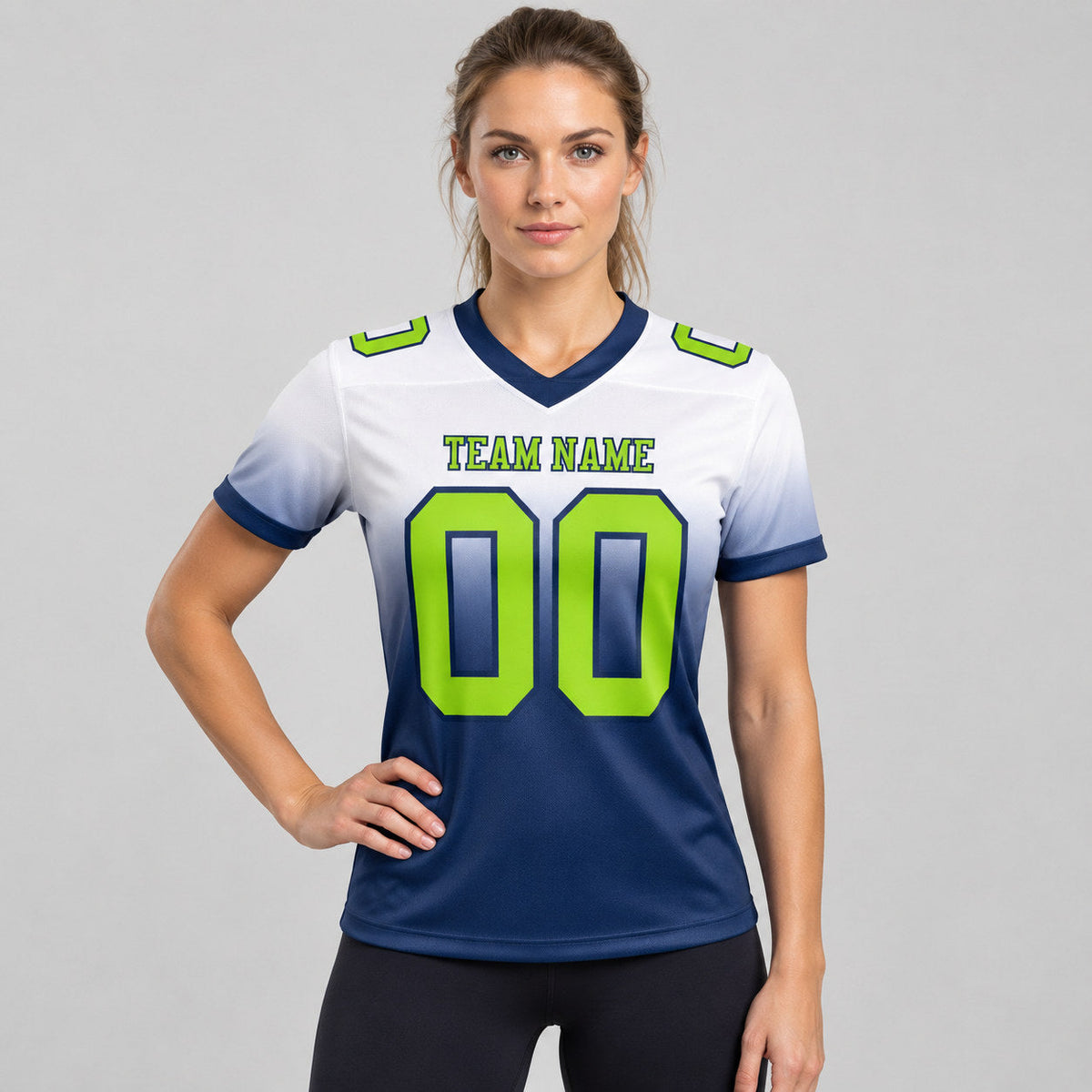 Custom White Fade Authentic Football Jersey with Neon Green and Navy Lettering worn by female model
