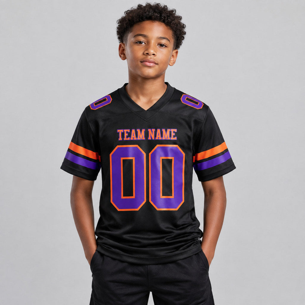 Custom Black Authentic Football Jersey with Purple and Orange Lettering youth size worn by child model
