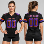 Custom Black Authentic Football Jersey with Purple and Orange Lettering worn by female model