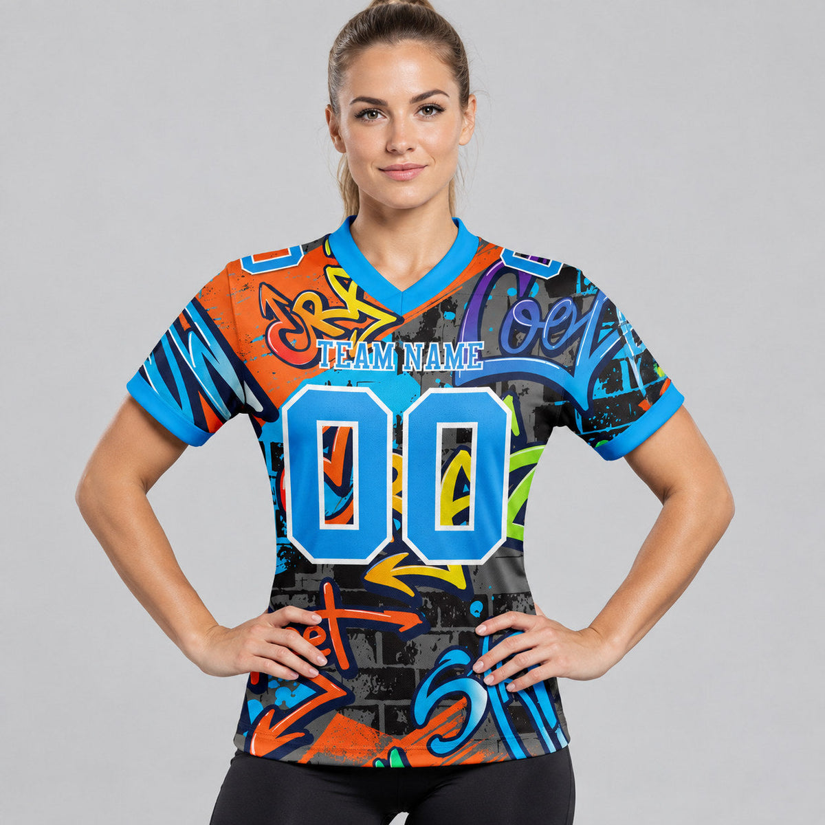 Custom Powder Blue and White Graffiti Splash Authentic Football Jersey worn by female model