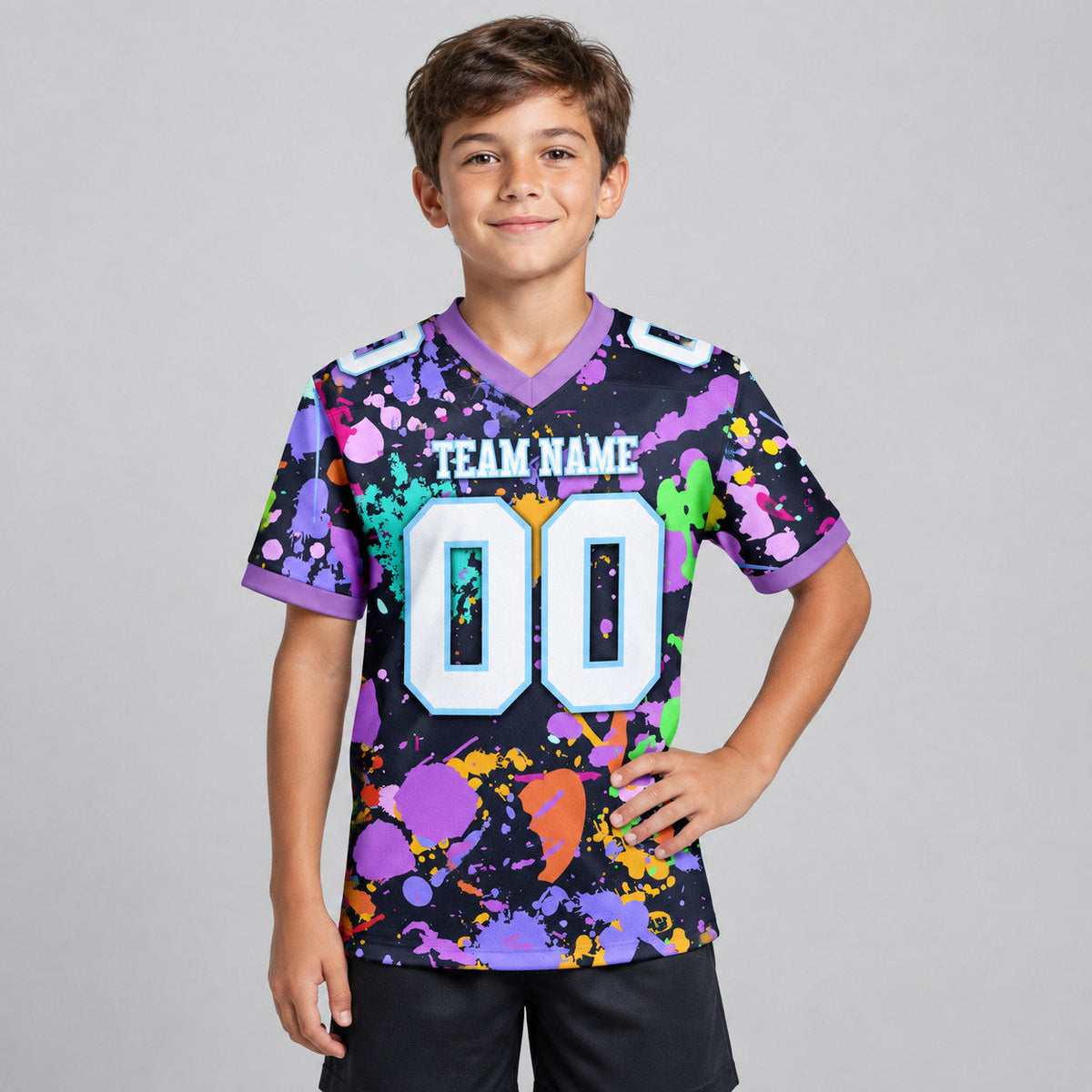 Custom White Graffiti Splash Authentic Football Jersey with Light Blue and Medium Purple Lettering youth size worn by child model
