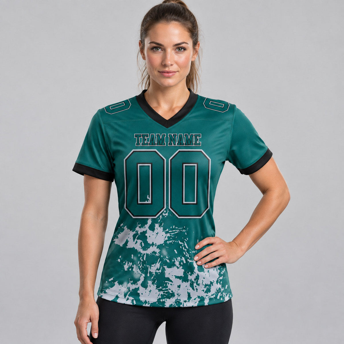 Custom Midnight Green Splash Authentic Football Jersey with Gray and Black Lettering worn by female model