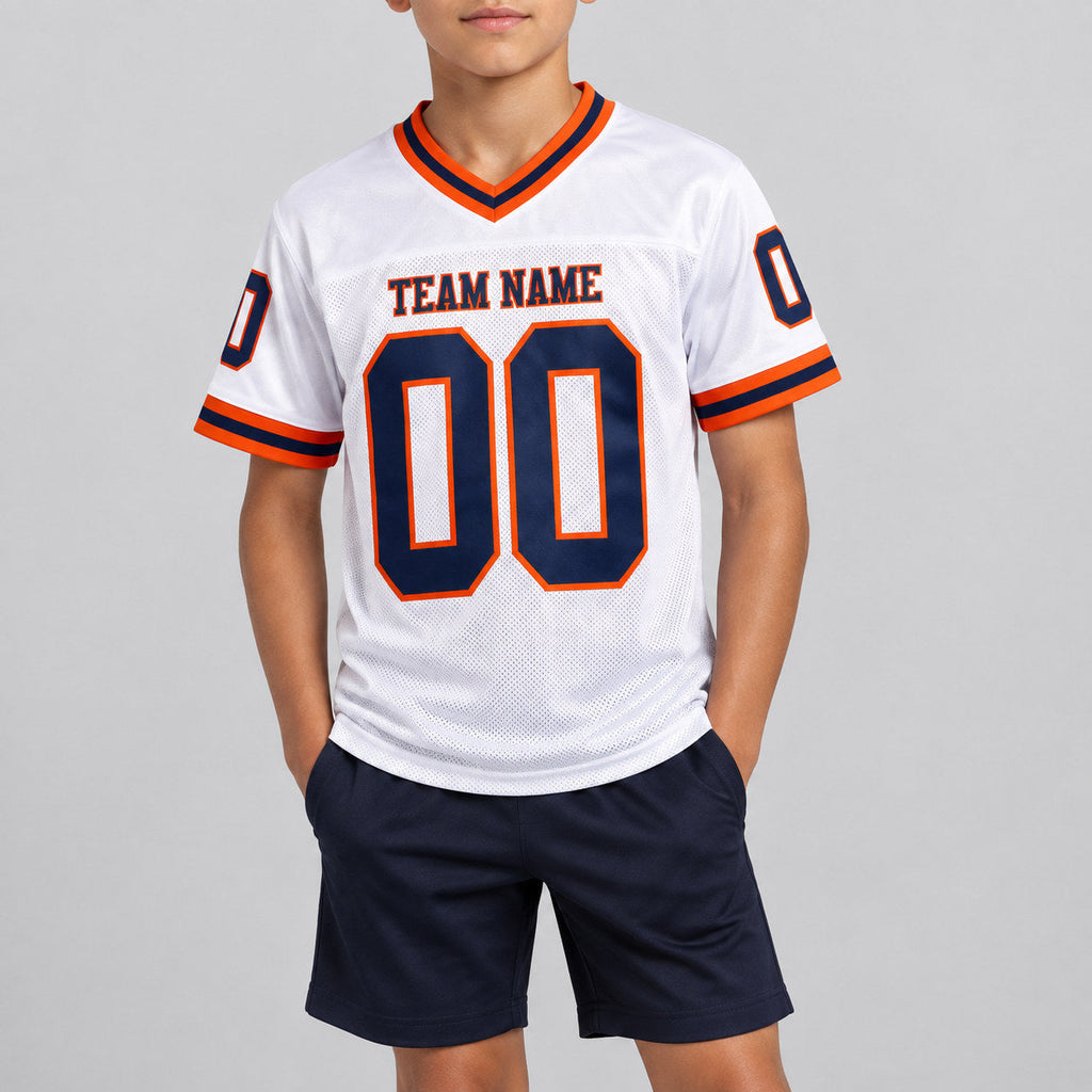 Custom White Mesh Authentic Football Jersey with Navy and Orange Lettering Design 1959 youth size worn by child model