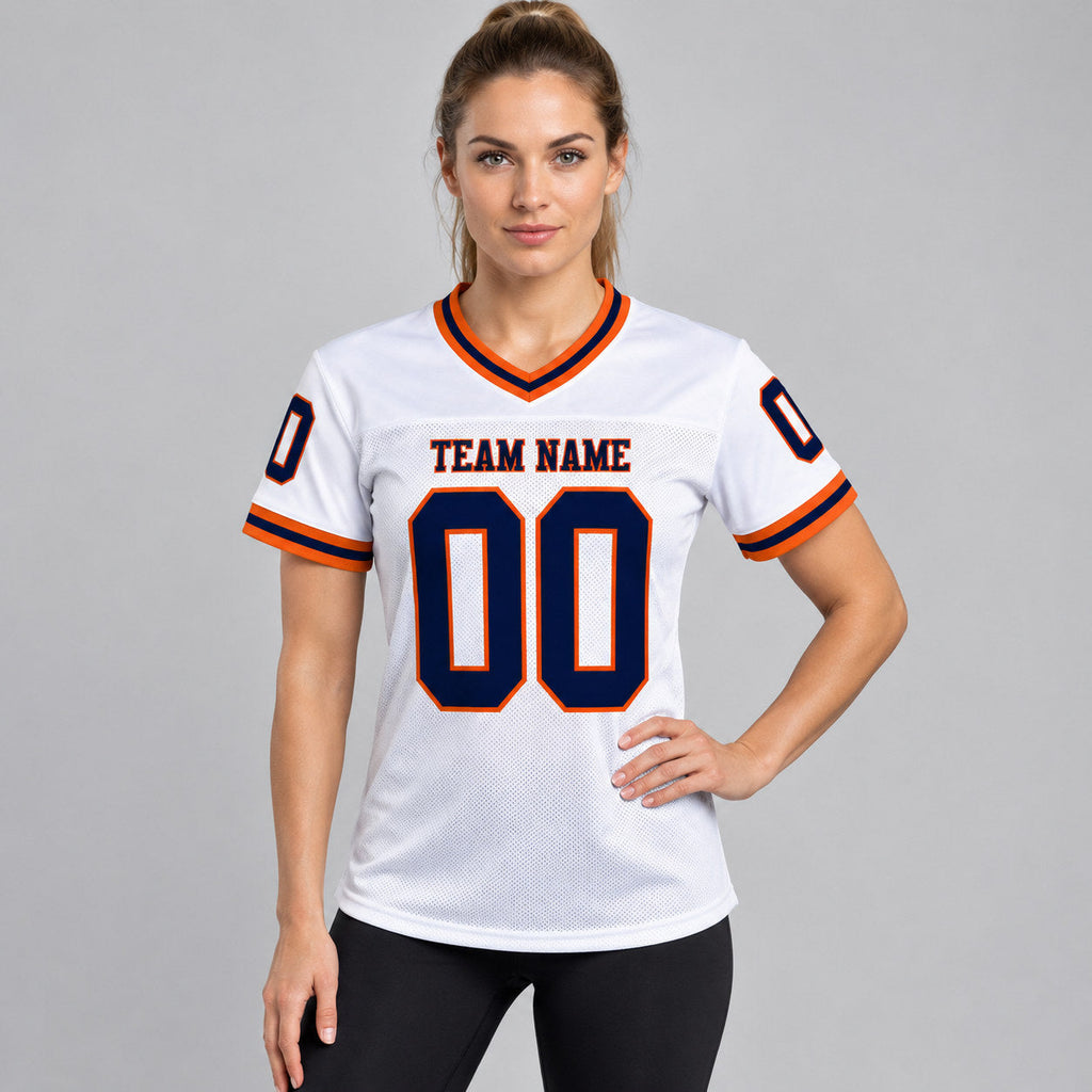 Custom White Mesh Authentic Football Jersey with Navy and Orange Lettering Design 1959 worn by female model