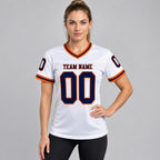 Custom White Mesh Authentic Football Jersey with Navy and Orange Lettering Design 1959 worn by female model