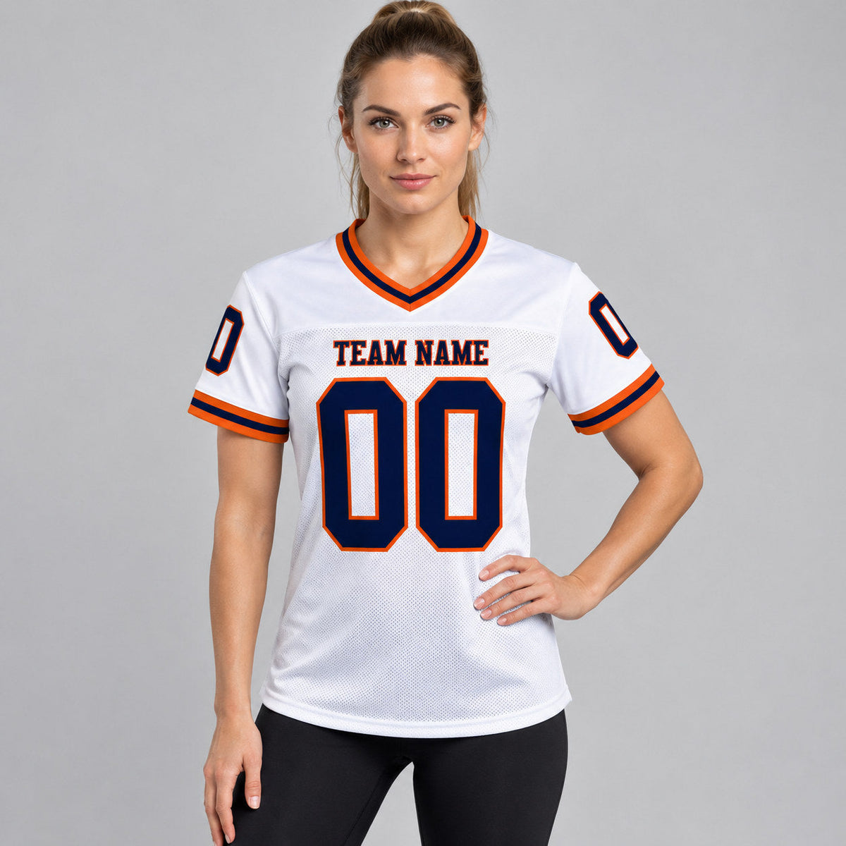 Custom White Mesh Authentic Football Jersey with Navy and Orange Lettering Design 1959 worn by female model