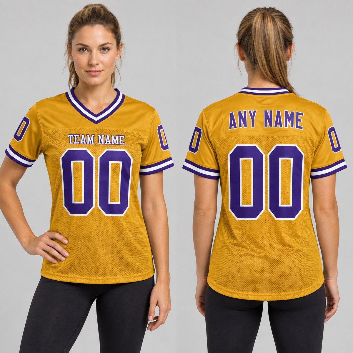Custom Old Gold Mesh Authentic Football Jersey with Purple and White Lettering worn by female model