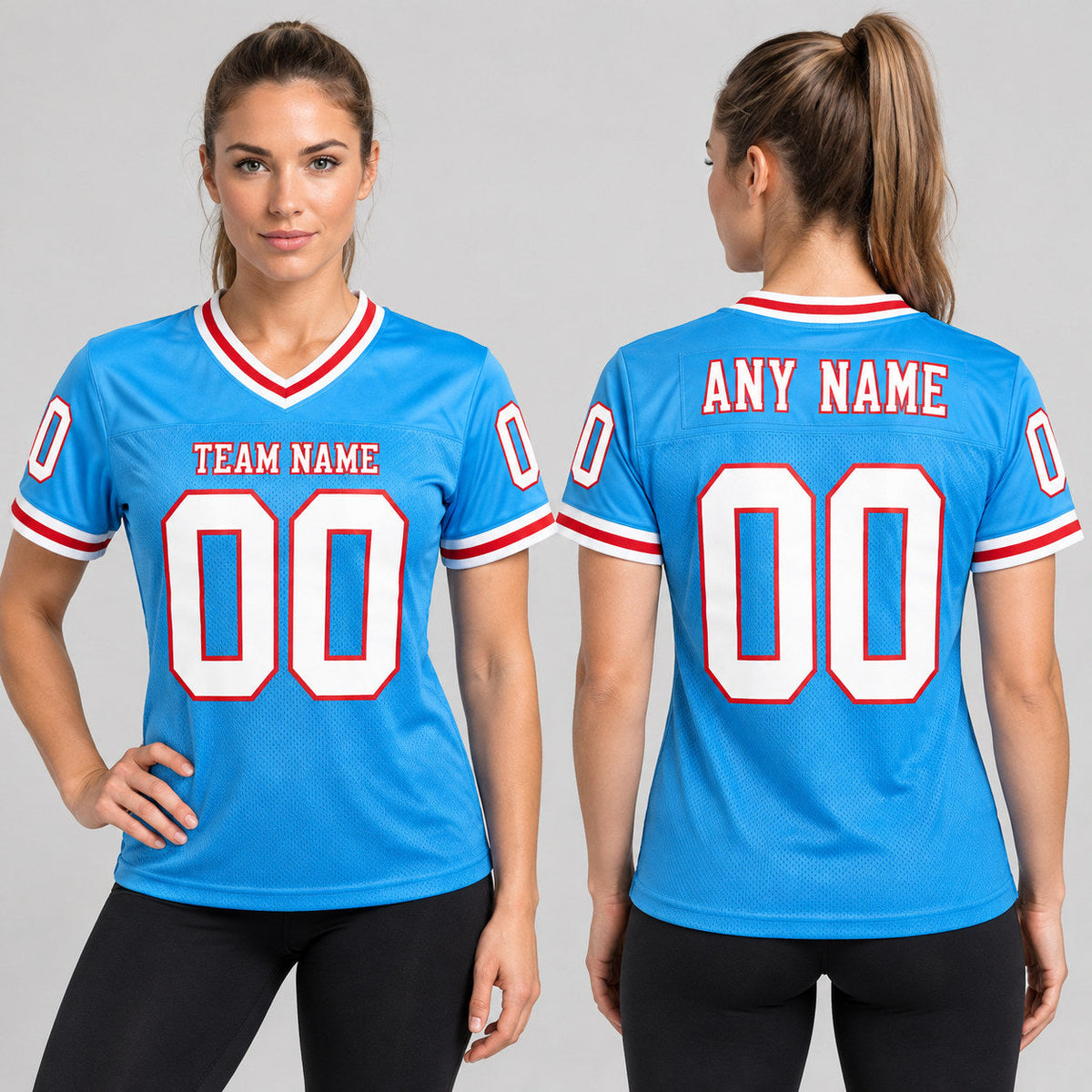 Custom Powder Blue Mesh Authentic Football Jersey with White and Red Lettering Design 0141 worn by female model