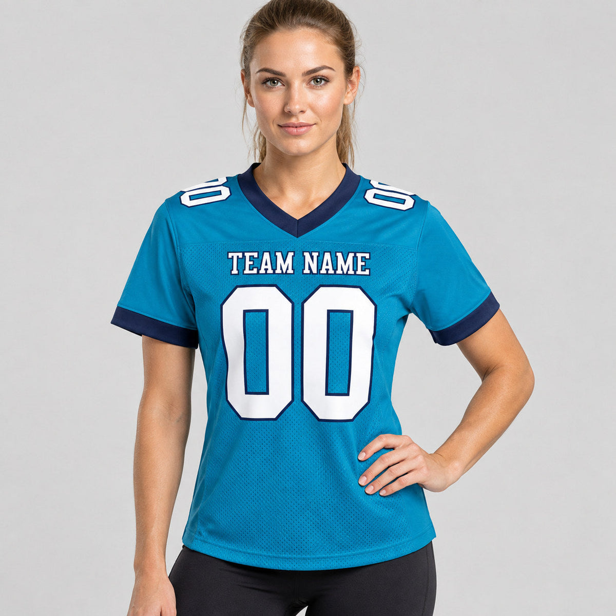 Custom Panther Blue Mesh Authentic Football Jersey with White and Navy Lettering worn by female model