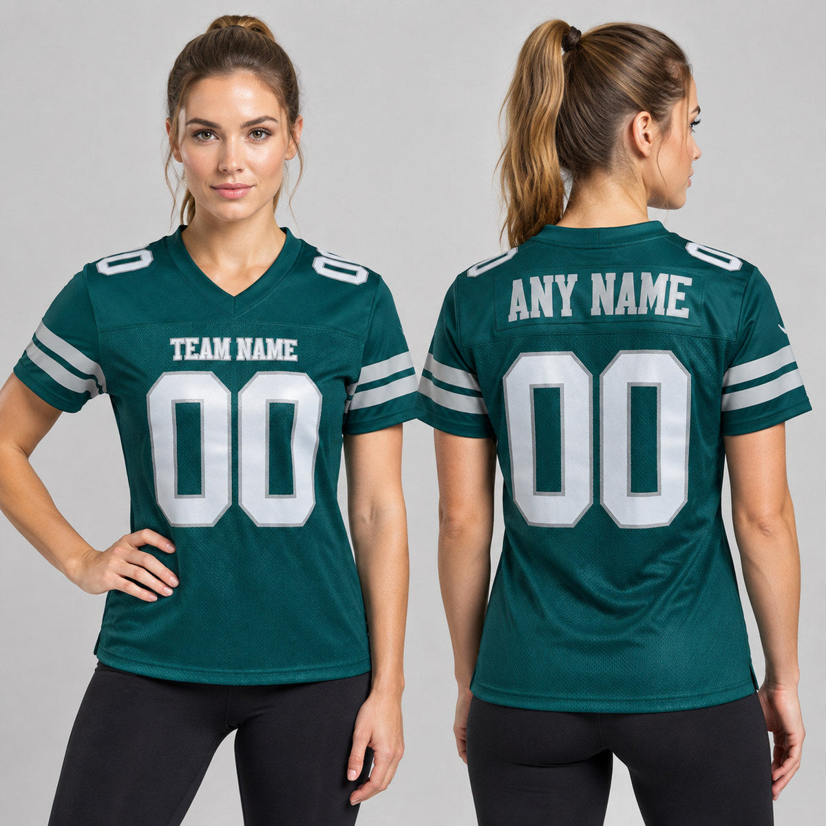Custom Midnight Green Mesh Authentic Football Jersey with Midnight Green and Gray Lettering worn by female model