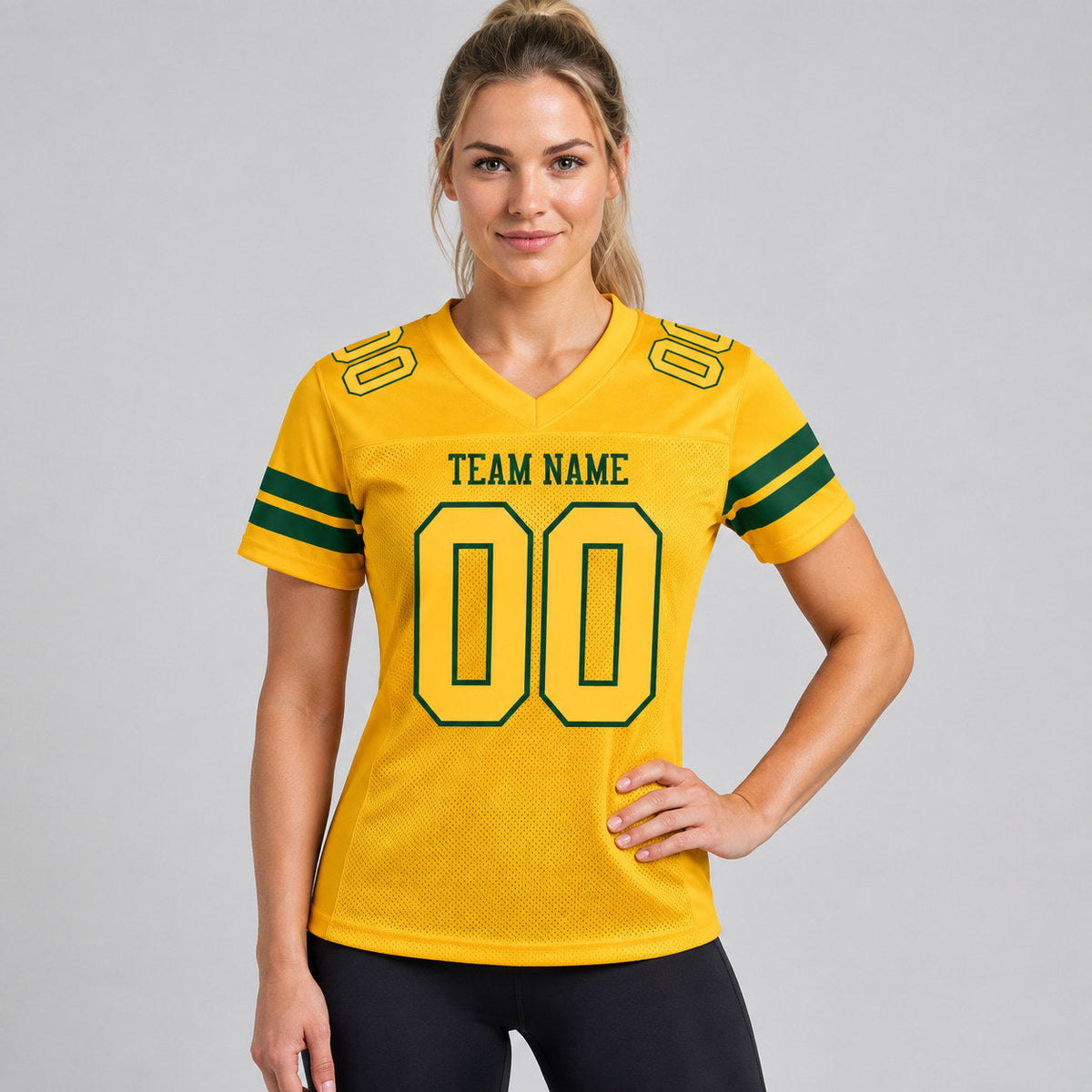 Custom Gold Mesh Authentic Football Jersey with Gold and Green Lettering worn by female model