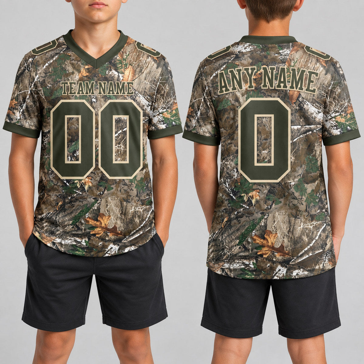 Custom Olive and Cream Camo Woodland Camouflage Salute Authentic 7v7 Flag Football Jersey youth size worn by child model