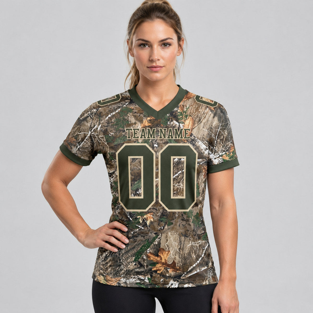 Custom Olive and Cream Camo Woodland Camouflage Salute Authentic 7v7 Flag Football Jersey worn by female model