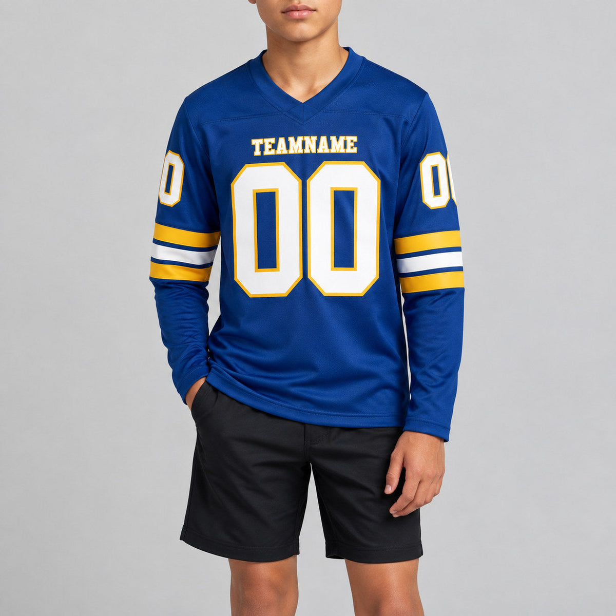 Custom Royal Long Sleeve Authentic Football Jersey with White and Gold Lettering youth size worn by child model