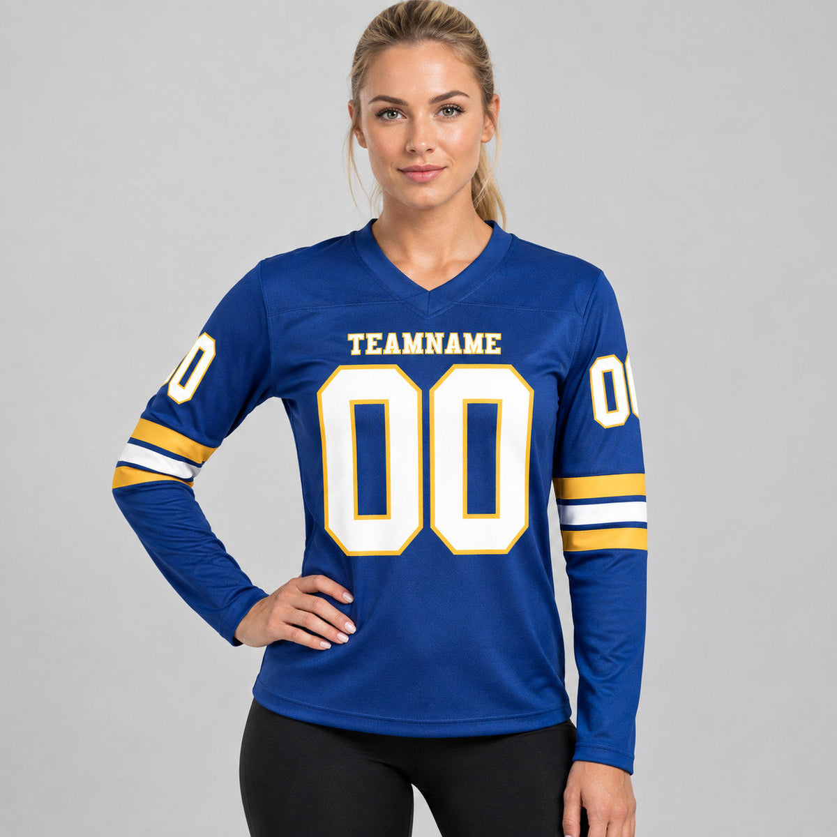 Custom Royal Long Sleeve Authentic Football Jersey with White and Gold Lettering worn by female model