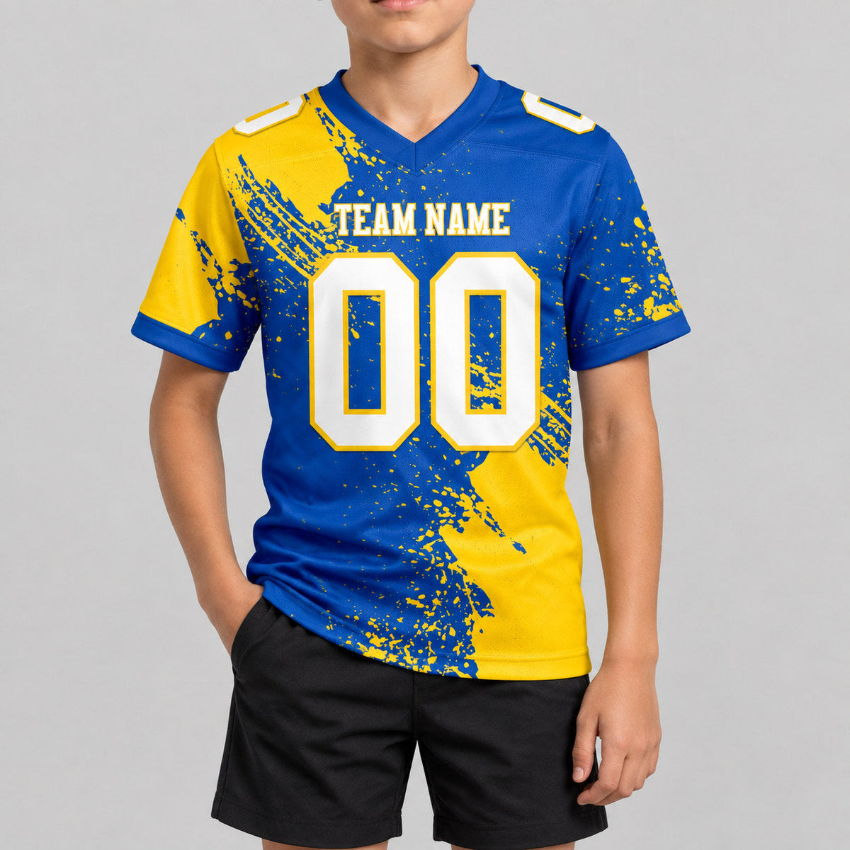 Custom Thunder Blue Abstract Brush Stroke Authentic Football Jersey with White and Yellow Lettering youth size worn by child model