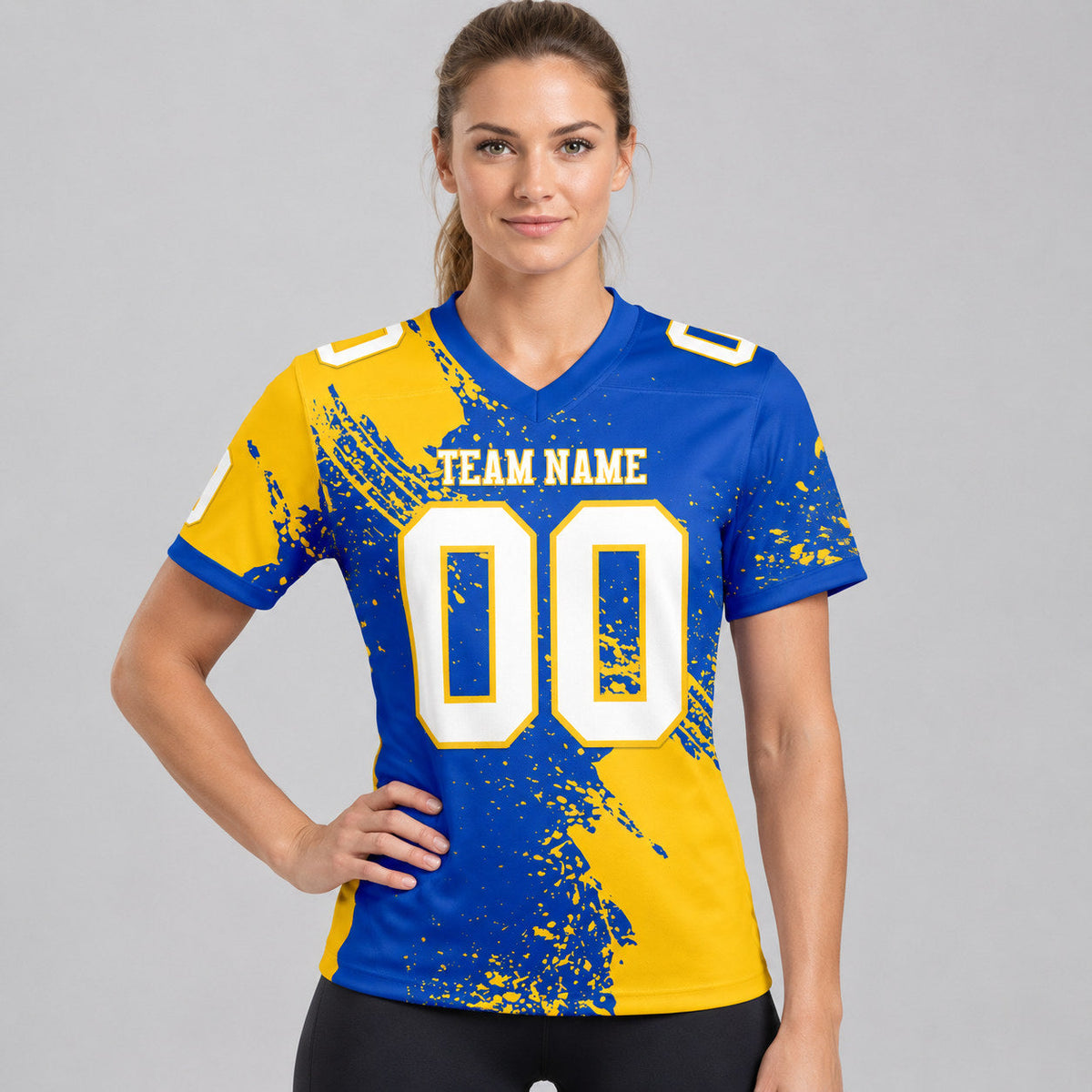 Custom Thunder Blue Abstract Brush Stroke Authentic Football Jersey with White and Yellow Lettering worn by female model