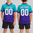 Custom Aqua Fade Authentic Football Jersey with White and Purple Lettering youth size worn by child model