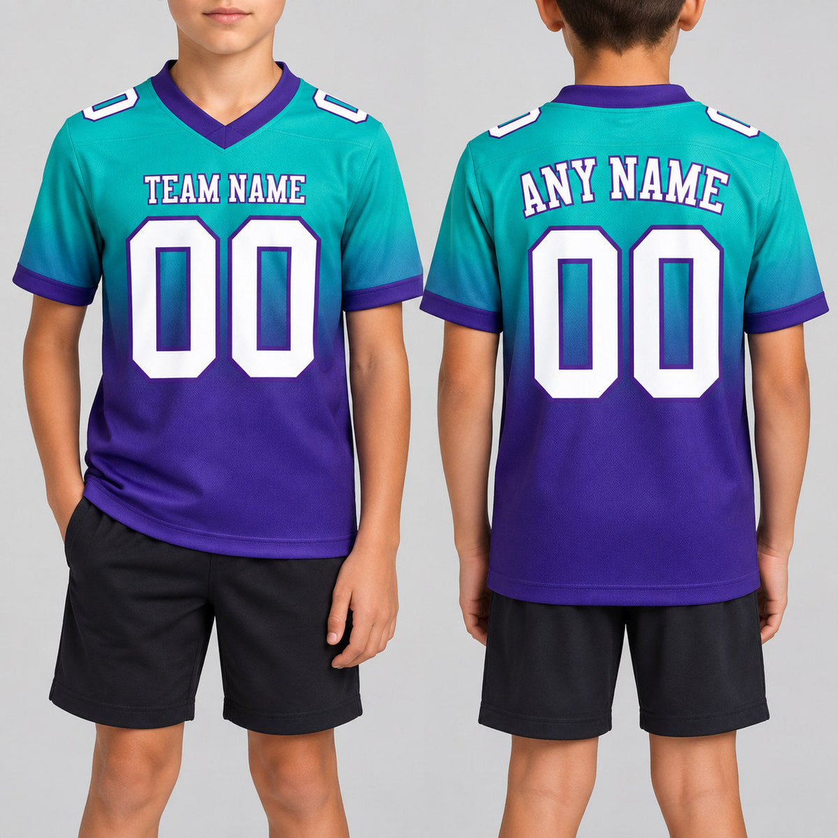 Custom Aqua Fade Authentic Football Jersey with White and Purple Lettering youth size worn by child model