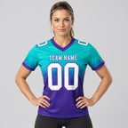 Custom Aqua Fade Authentic Football Jersey with White and Purple Lettering worn by female model