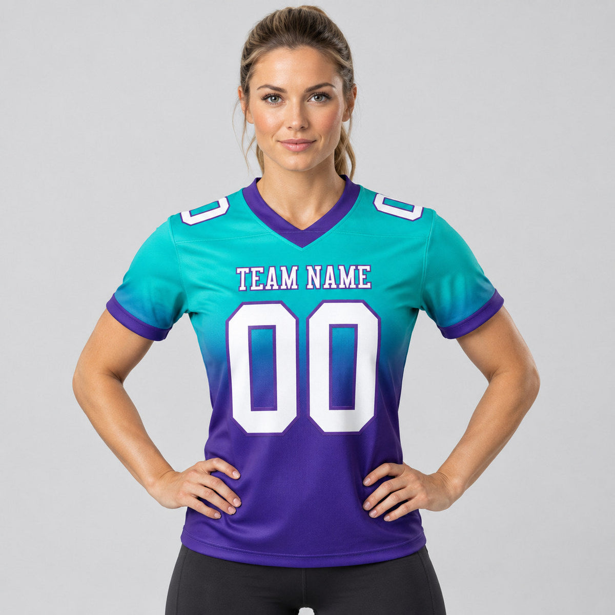 Custom Aqua Fade Authentic Football Jersey with White and Purple Lettering worn by female model