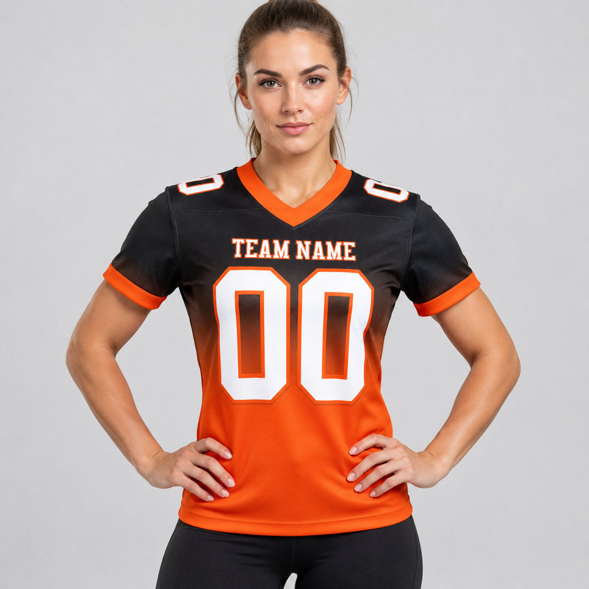 Custom Black Fade Authentic Football Jersey with White and Orange Lettering worn by female model