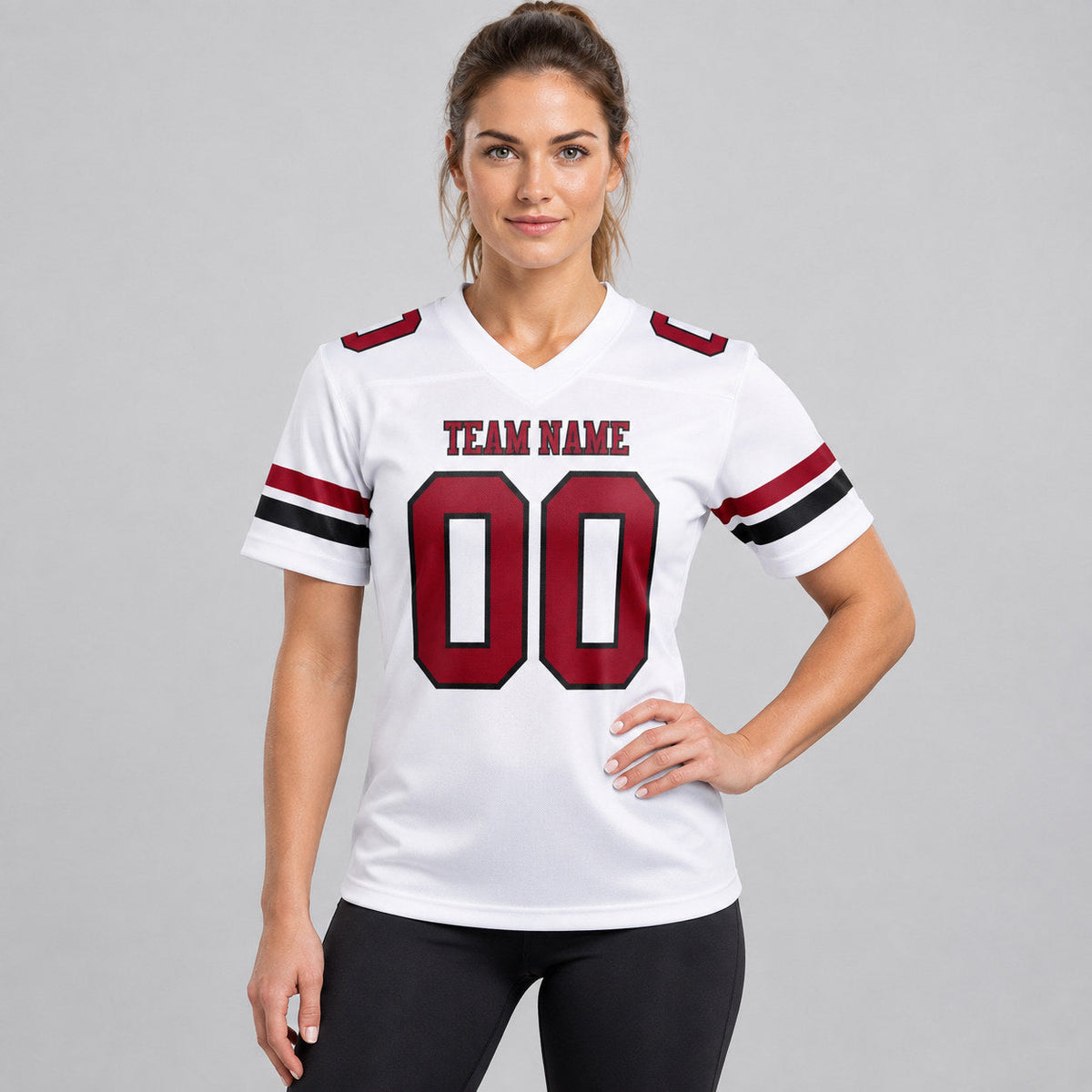 Custom White Authentic Football Jersey with Cardinal and Black Lettering worn by female model