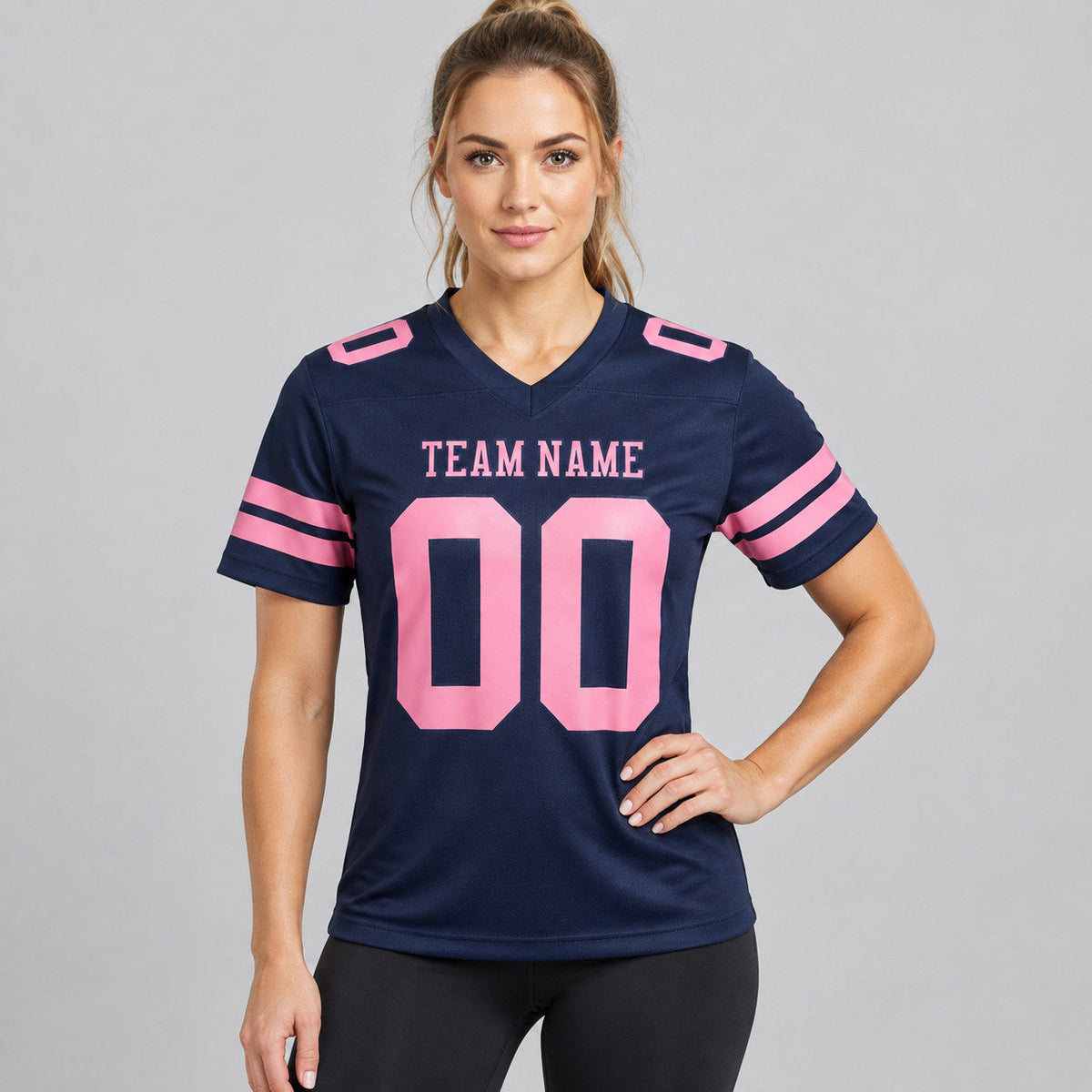 Custom Navy Authentic Football Jersey with Medium Pink Lettering worn by female model