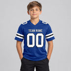 Custom Royal Authentic Football Jersey with White and Black Lettering youth size worn by child model
